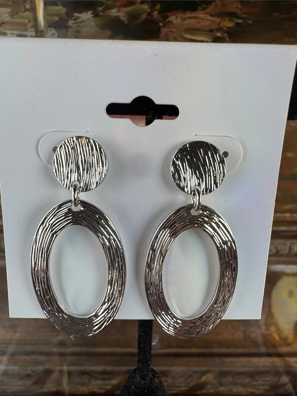 0504-Classic Textured Silver Drop Hoop Earrings
